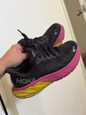 Hoka Women's Black Running Shoes with Pink and Yellow Midsole